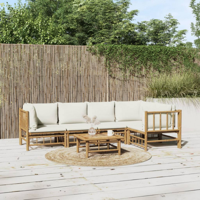 Set mobilier de gradina cu perne alb crem, 6 piese, bambus GartenMobel Dekor