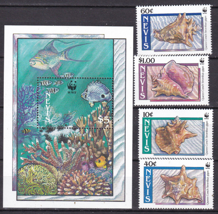 Nevis 1990 fauna marina WWF MI 523-526 + bl.21 MNH