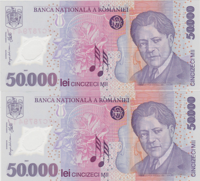 ROMANIA 2 X 50000 LEI 2001(2004) CONSECUTIVE UNC