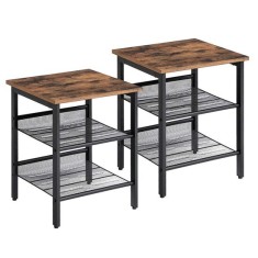 Noptiera/masa laterala, Artool, pal si otel, cu 2 rafturi reglabile, maro rustic si negru, set 2 piese, 40x40x50 cm GartenVIP DiyLine foto