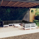 Set Mobilier Gradina Gossi, 12 Piese, Lemn Pin, Alb, Perne Incluse, Canapea Colt/Mijloc, Taburet/Masa