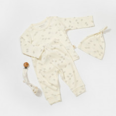 Set 3 piese:bluza, pantaloni si caciulita Printed, BabyCosy, 50% modal+50% bumbac, Ecru (Marime: 3-6 Luni)