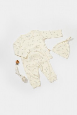 Set 3 piese:bluza, pantaloni si caciulita Printed, BabyCosy, 50% modal+50% bumbac, Ecru (Marime: 3-6 Luni) foto