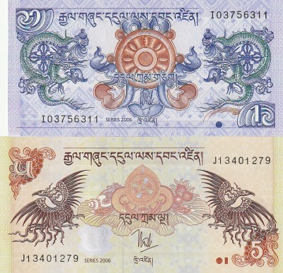 Bhutan Set 1, 5 Ngultrum 2006 P-27,28 UNC foto