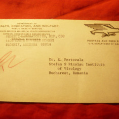 Carte Postala SUA antet Ministerul Sanatatii circ. la Bucuresti Institut Virusol