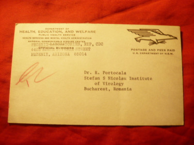 Carte Postala SUA antet Ministerul Sanatatii circ. la Bucuresti Institut Virusol foto