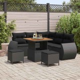 Set de canapele pentru grădină , format din 8 piese, cu perne din rattan poly negru și lemn de acacia.