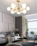 Candelabru vintage, 10 globuri albe din sticla, dulie 10 x E27 + 35 petale albe, diametru 90cm, inaltime 70cm, culoare corp auriu