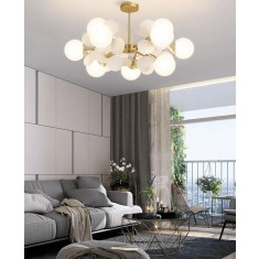 Candelabru vintage, 10 globuri albe din sticla, dulie 10 x E27 + 35 petale albe, diametru 90cm, inaltime 70cm, culoare corp auriu