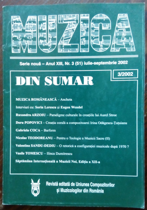 REVISTA MUZICA NR.3/2002: Sorin Lerescu/Eugen Wendel/Aurel Stroe/Irina Odagescu Tutuianu+