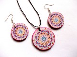 Set Bijuterii Lemn Handmade Mandala: Colier &amp; Cercei Decoupage, Diametru 40/30mm, Lac Ecologic