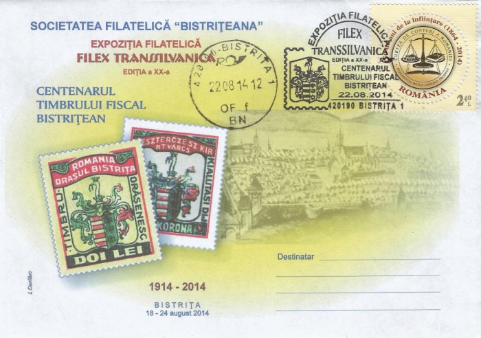 ~Romania, Expozitia Filatelica Filex Transsilvanica, Bistrita, plic, 2014