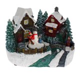 Decorațiune Crăciun, Model Copii Cu Om De Zăpadă, Lumină &amp; Mișcare, 19x13x14cm, Polirasină, Oem