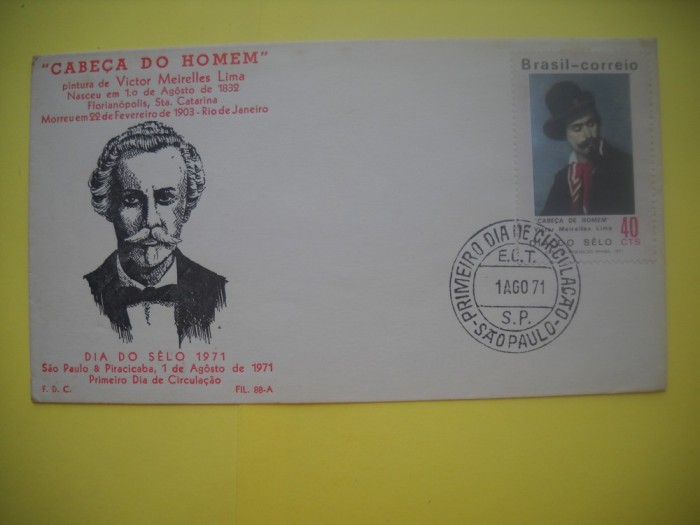 HOPCT PLIC S FDC NR 860 CABECA DE HOMEM-VICTOR MEIRELLES LIMA-PICTURA- 1971 BRAZILIA -NECIRCULAT