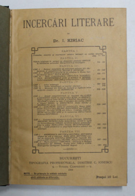 INCERCARI LITERARE de Dr. I. KIRIAC , 1918 foto