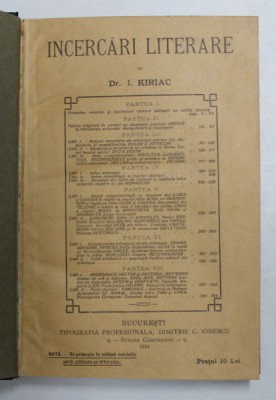 INCERCARI LITERARE de Dr. I. KIRIAC , 1918 foto