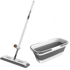 Set mop rotativ cu lighean pliabil, cu laveta din microfibra, storcator atasat, usor de depozitat si curatat, alb