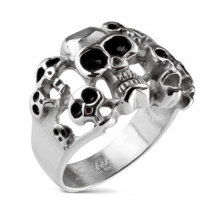 Inel din oțel 316L de culoare argintie - zece cranii cu smalț de culoare neagră - Marime inel: 69