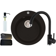 Pachet chiuveta bucatarie Alveus Victoria 10 + baterie Alveus Kati + dozator detergent lichid + organizator, adancime cuva 19cm, diametru 50.5 cm, neg