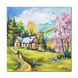 Tablou patrat pictat manual, Peisaj de la munte cu copac inflorit, 50x50cm ulei pe panza, Constantin Feraru