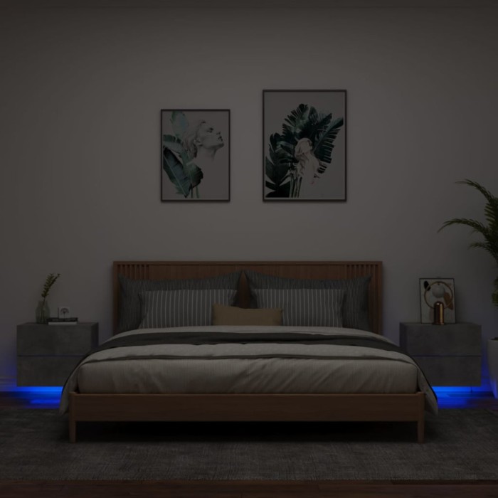 Gossi noptiere montate pe perete cu lumini led, 2 buc., gri beton