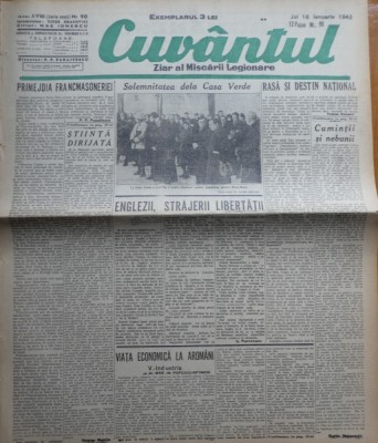 Cuvantul, ziar al miscarii legionare, 16 ianuarie 1941, nr. 90 foto