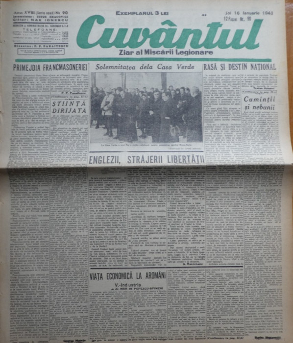 Cuvantul , ziar al miscarii legionare , 16 ianuarie 1941 , nr. 90