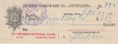 CHECK DICKSON HARDWARE CO. CITIZENS NATIONAL BANK 1917 XF WTMK foto