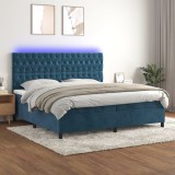 Cumpara ieftin Pat cu arcuri, saltea și LED, bleumarin, 200x200 cm, catifea
