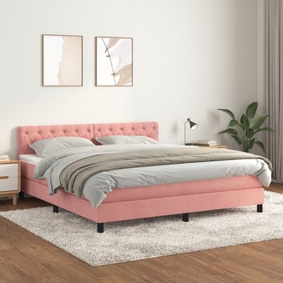 vidaXL Pat box spring cu saltea, roz, 160x200 cm, catifea 3141496 foto