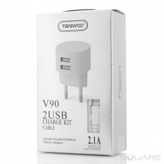 Incarcatoare Retea Tranyoo, V90, 2.1A Charge Kit, 2 x USB + Lightning Cable, White