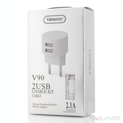 Incarcatoare Retea Tranyoo, V90, 2.1A Charge Kit, 2 x USB + Lightning Cable, White foto