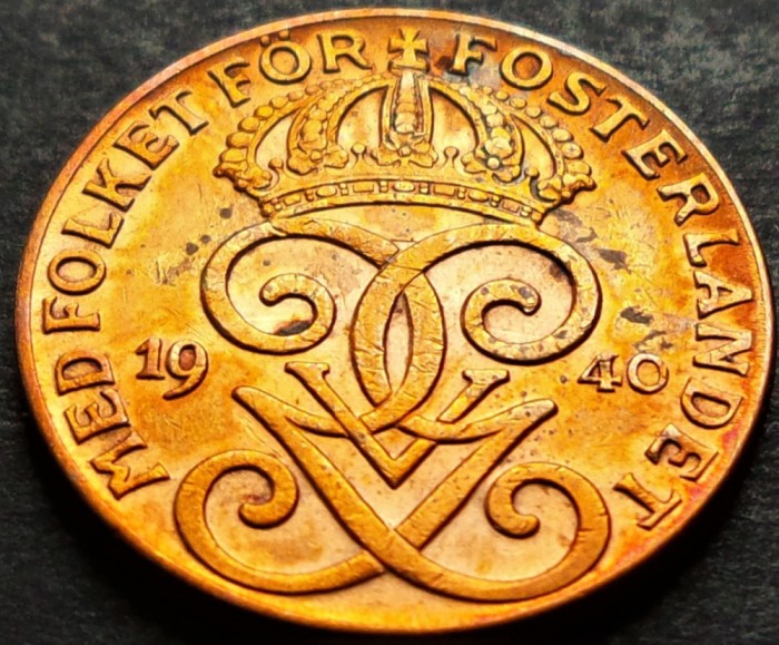 Moneda istorica 2 ORE - SUEDIA, anul 1940 *cod 5268 - GUSTAF V = excelenta!