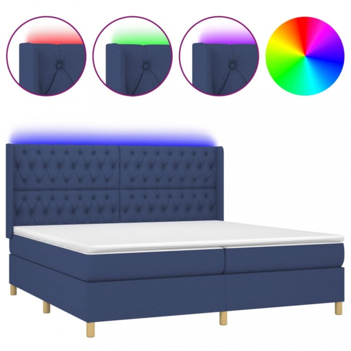 Pat cu arcuri, saltea si LED, albastru, 200x200 cm, textil