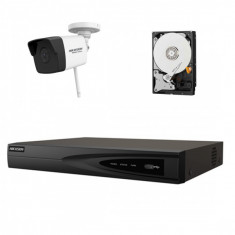 Kit supraveghere wireless o camera Wi-Fi HiWatch HikVision, 2MP, IR 30m + NVR 8 canale, 4MP, H.265+, 80mbps + Sursa + HDD 500GB foto