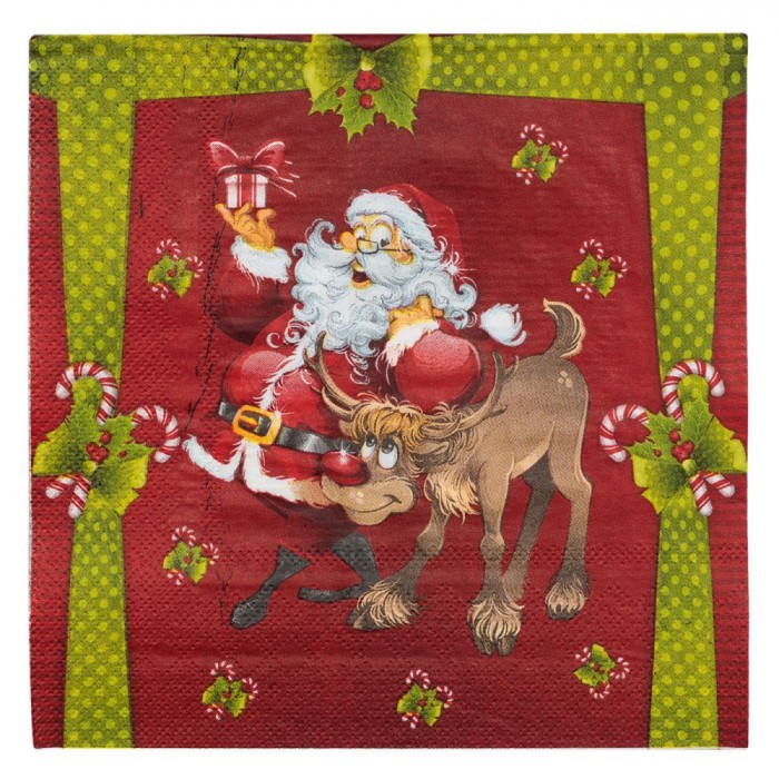 șervețele de Masă Crăciun, Model Moș Crăciun și Cerb, Multicolor, 33x33cm, Set 50buc, 2 Straturi