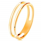Inel realizat din aur galben de 585, două cercuri &icirc;nguste, &icirc;mpodobite cu email alb - Marime inel: 58