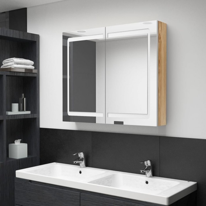vidaXL Dulap de baie cu oglindă și LED, alb și stejar, 80x12x68 cm 326516