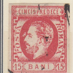 ROMANIA 1872 LP 32 REGELE CAROL I CU BARBA 15 BANI ROSU EROARE STAMPILAT