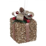 Ornament Brad Craciun, Model Cadou, Tinsel Bej Sampanie, Conuri si Pomusoare, 6x6x6cm, Oem