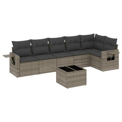 Set canapele de gradina, 7 piese, cu perne, gri, poliratan foto
