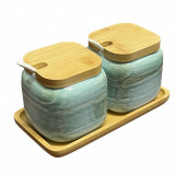 Set 2 recipiente din ceramica, capace si tava din Bambus, 20x10x11 cm, Jovy