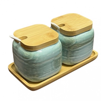 Set 2 recipiente din ceramica, capace si tava din Bambus, 20x10x11 cm foto
