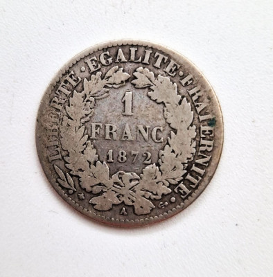 moneda argint _ 1 franc 1872 ( Paris ) _ AG .835 _ km # 822 foto
