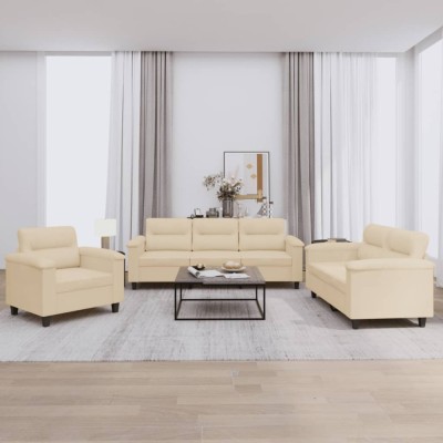 vidaXL Set de canapele cu perne, 3 piese, crem, microfibră foto