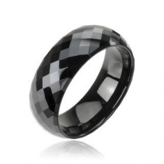 Verighetă lucioasă din tungsten de culoare neagră - romburi negre, 8 mm - Marime inel: 70