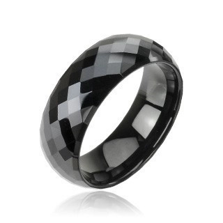 Verighetă lucioasă din tungsten de culoare neagră - romburi negre, 8 mm - Marime inel: 54