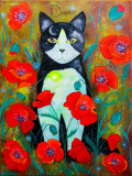 Tablou pictura pisica si maci &quot;Sunny&quot;, Animale, Acrilic, Altul