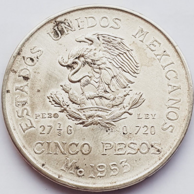 754 Mexic 5 Pesos 1953 km 467 argint foto