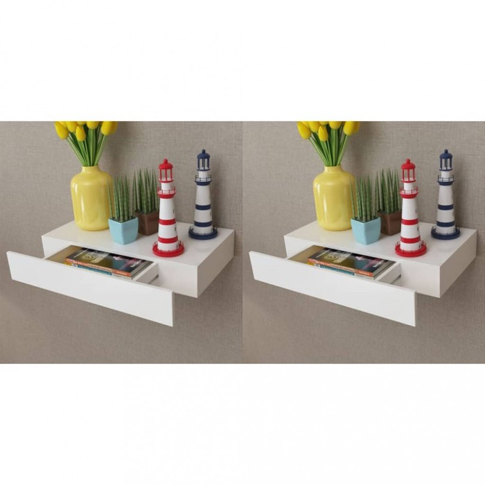 Gossi rafturi de perete suspendate cu sertare, 2 buc., alb, 48 cm